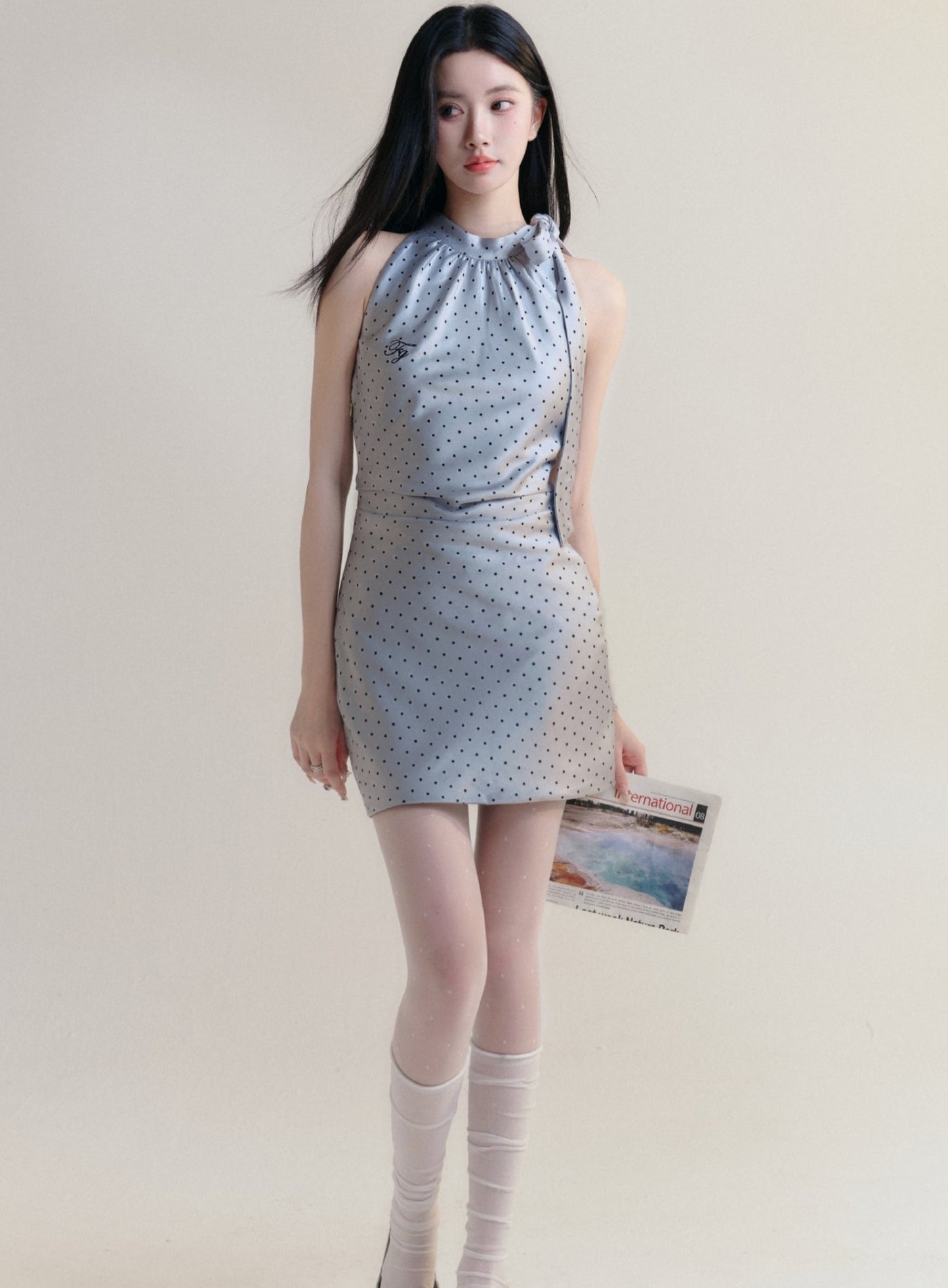 [In stock] fragile store - French bow tie polka dot dress waist commuter style off-the-shoulder skirt