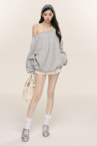 Slanted Shoulder Bow Loose Sweatshirt