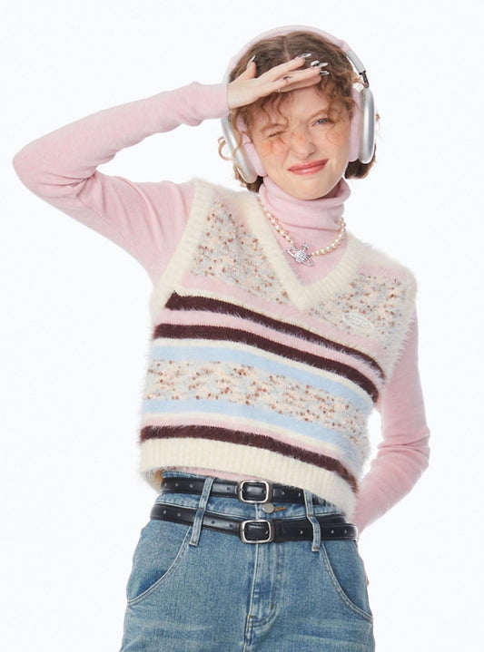 Vintage Knit Contrast Stripe V-neck Outer