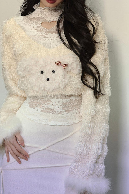 Plush Lace Short Sweater & Fishtail Skirt Set-Up