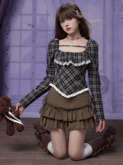 Square Neck Checkered Long-sleeved Shirt