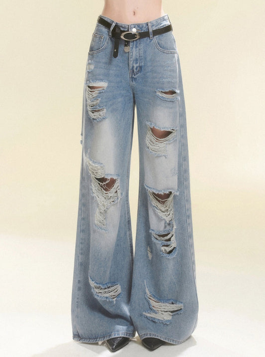 Less eye girl group ripped pants straight jeans women's summer light colour thin wide-leg pants trendy brand flared pants