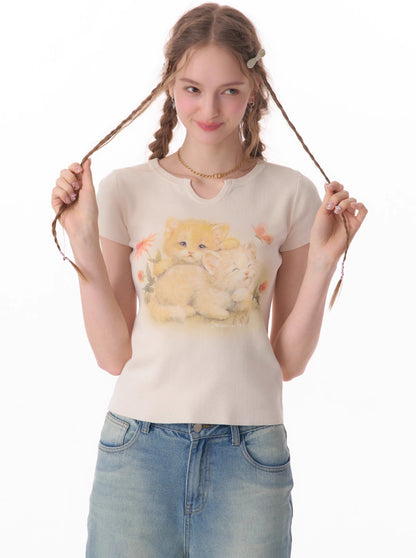 Retro Cat Print Slim T-shirt