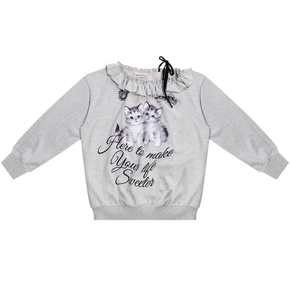 Retro Slanted Shoulder Cat Print Sweatshirt