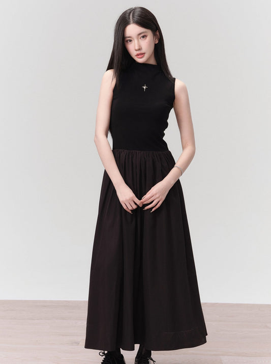 Black Waisted Vest Patchwork Dress