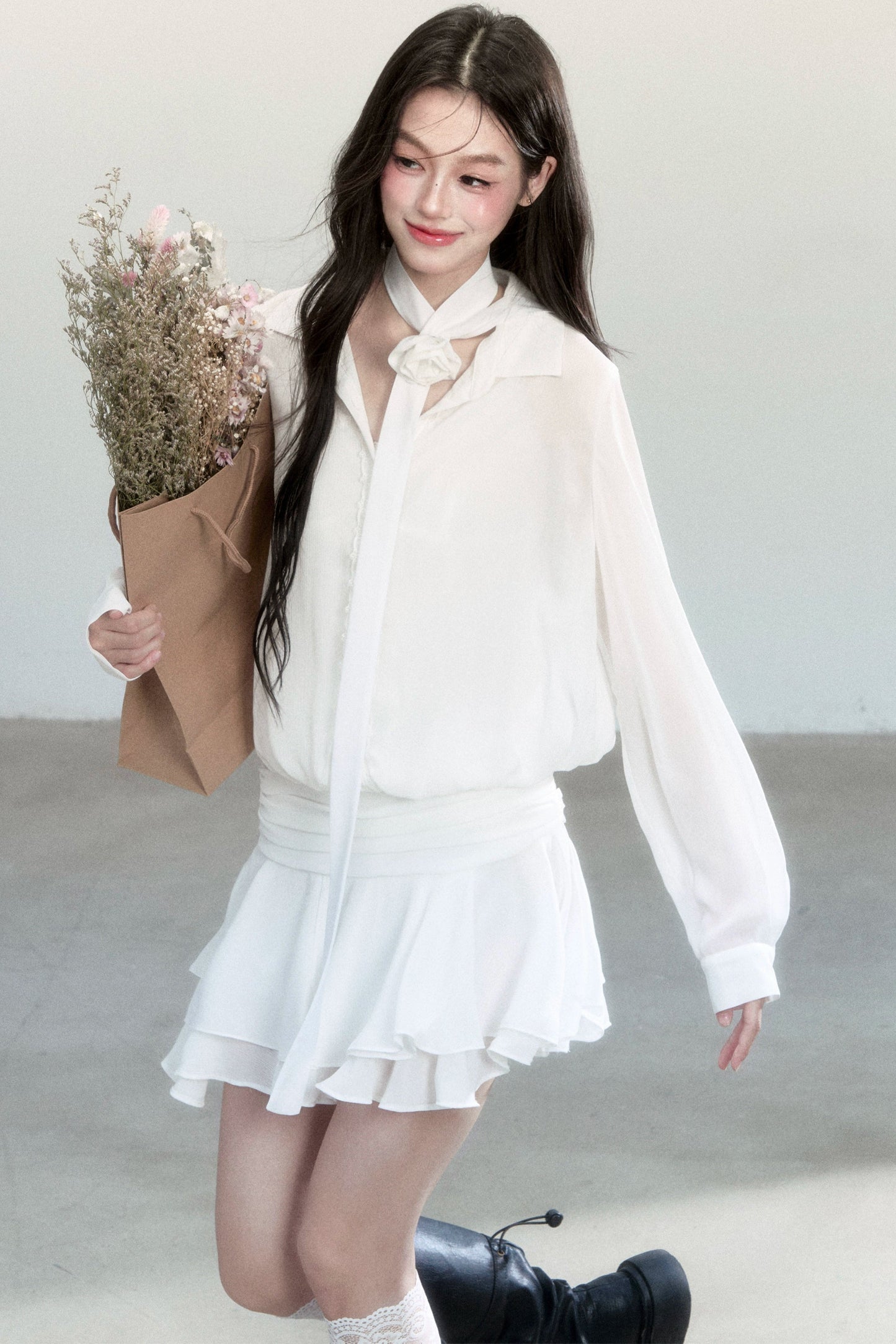 Cherry Blossom Chiffon Waist Ruffle Dress