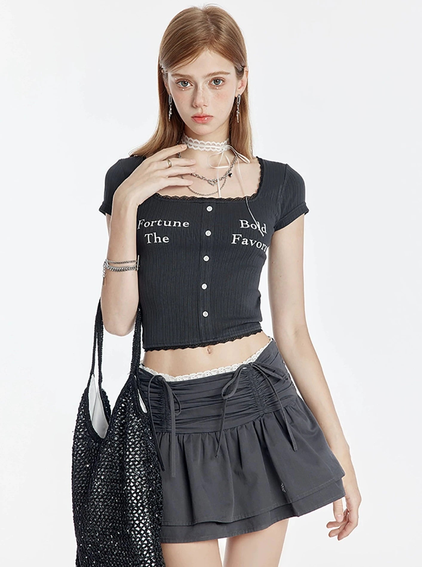 U-Neck Lace Short Sleeve T-Shirt