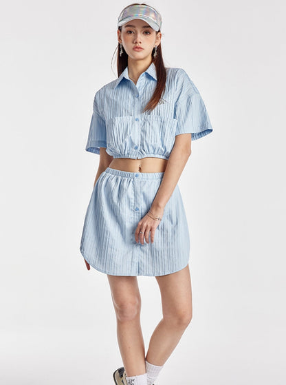 Sky Blue Elasticated Crop Shirt With Simple Skirt Set-Up