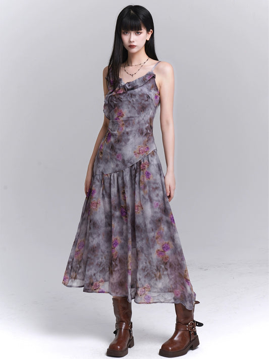Ghost Girl Purple Floral Slip Dress, Strandurlaub Kleidung, geeignet für Seaside Fotografie, Atmosphärische Rock