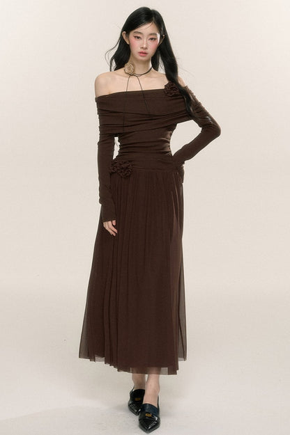 Long-Sleeve One-Shoulder Maxi Dress