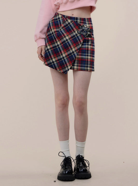 American retro high waist thin plaid skirt
