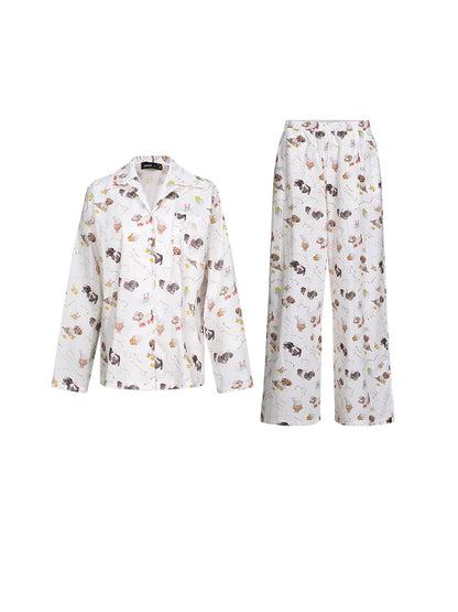 APEA sleepy bear puppy lazy long-sleeved pajamas cotton cute cartoon print parental pants two-piece suit