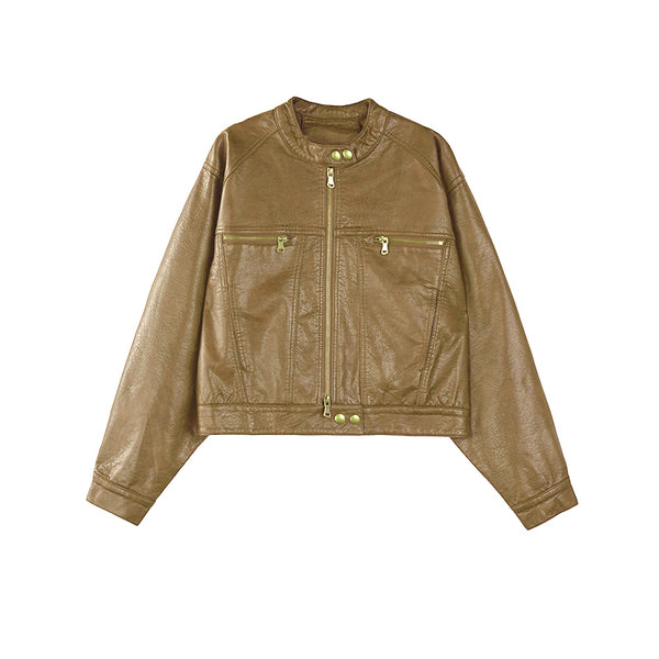 Brown Button-Up Short Leather Jacket