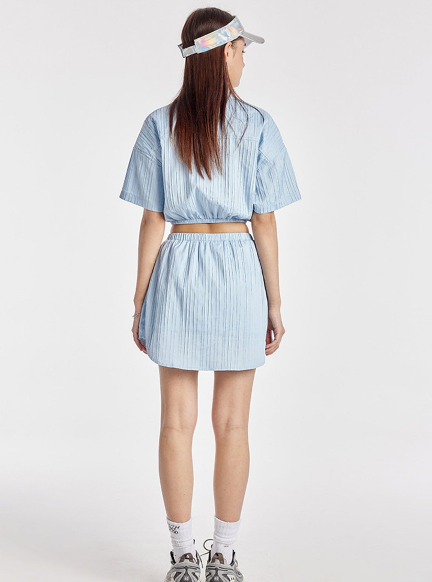 Sky Blue Elasticated Crop Shirt With Simple Skirt Set-Up