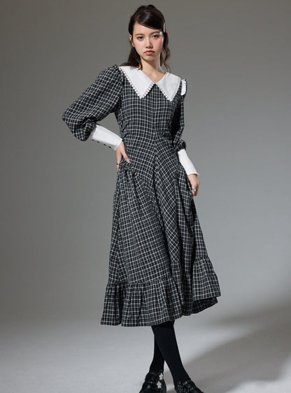 Retro long-sleeved plaid dress
