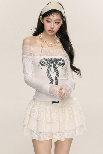 Paris Lace One-Shoulder Long-Sleeve T-Shirt