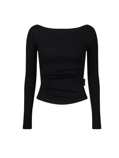 APEAOffice Siren gerader Ausschnitt, offener Rücken, plissierte Taille, schmale Taille, Langarm-T-Shirt, Premium Slim Top