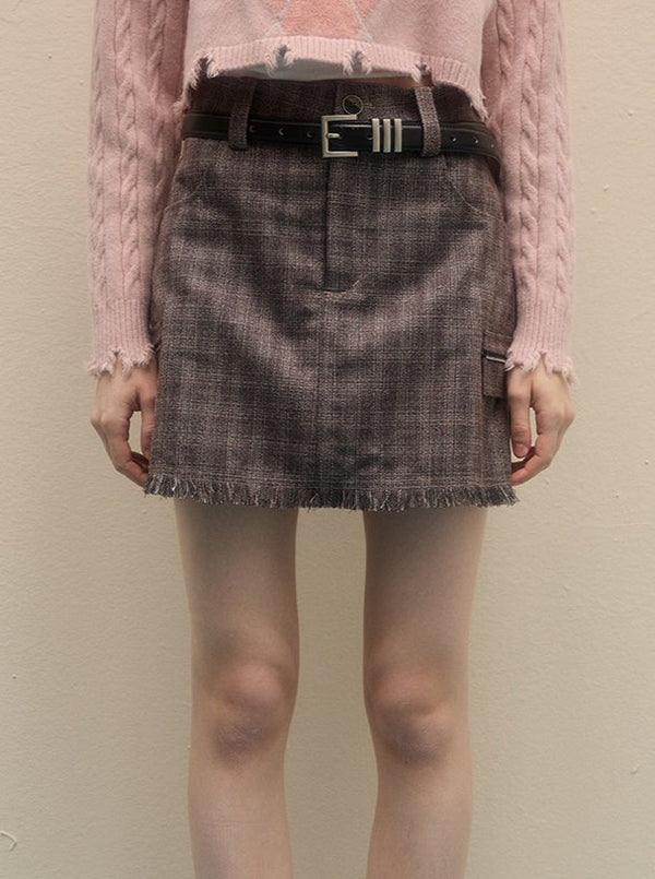 High Waist Slim Plaid A-line Fringed Skirt