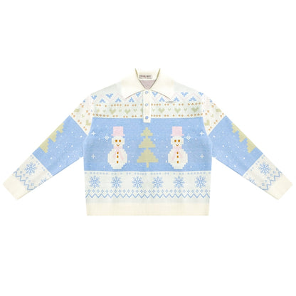 Retro Contrast Snowman Polo Neck Sweater