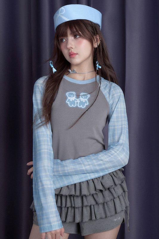 SagiDolls Girl's Fighting Spirit Holding Hands Bear Gray Blue Plaid Stitching Raglan Shoulder Long Sleeve T-Shirt Vielseitig Weiß Niedlich