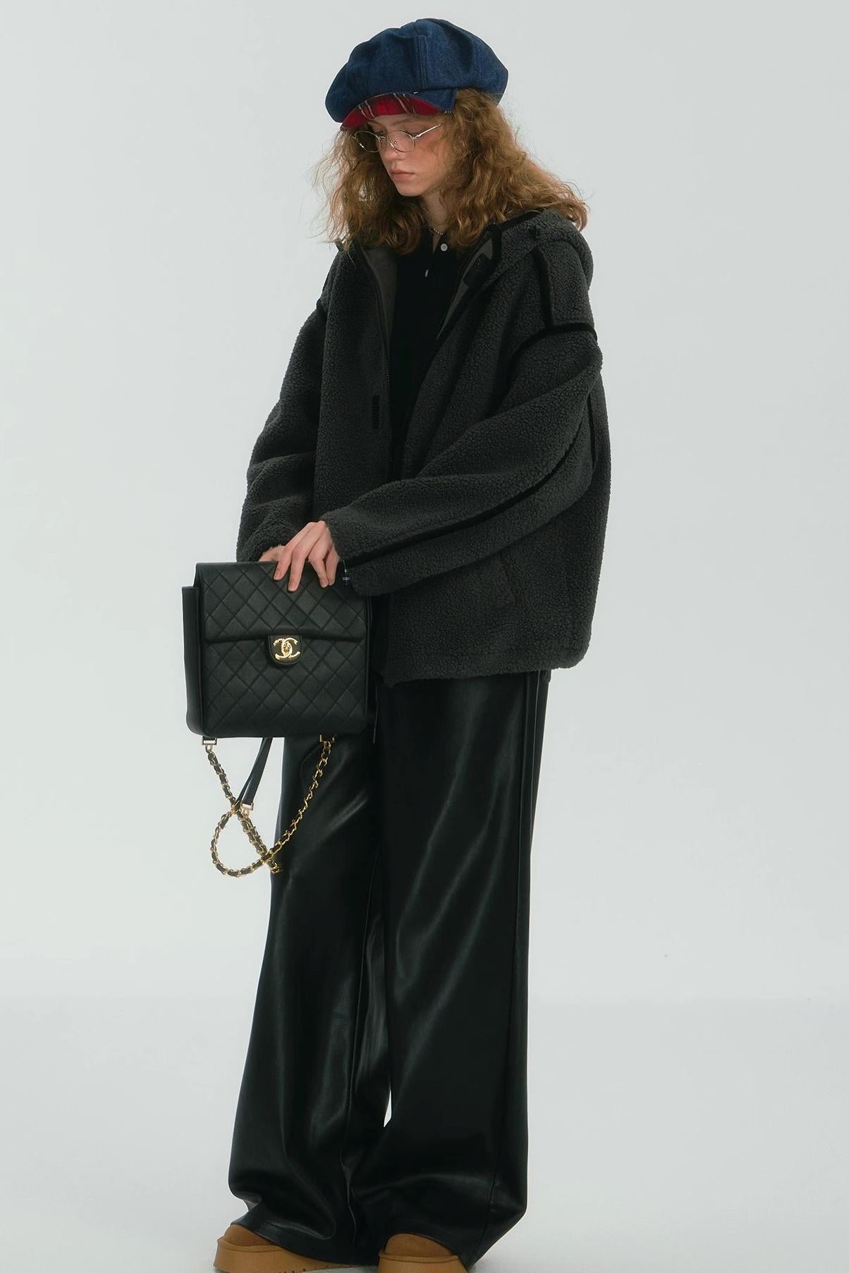 Contrast Piping Fleece Coat