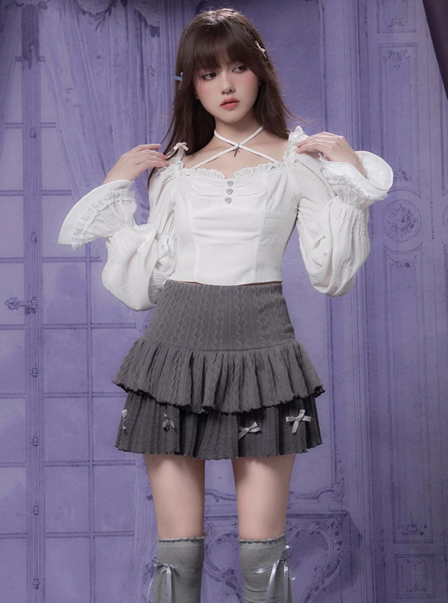 Gray Knitted High Waist Cake Skirt