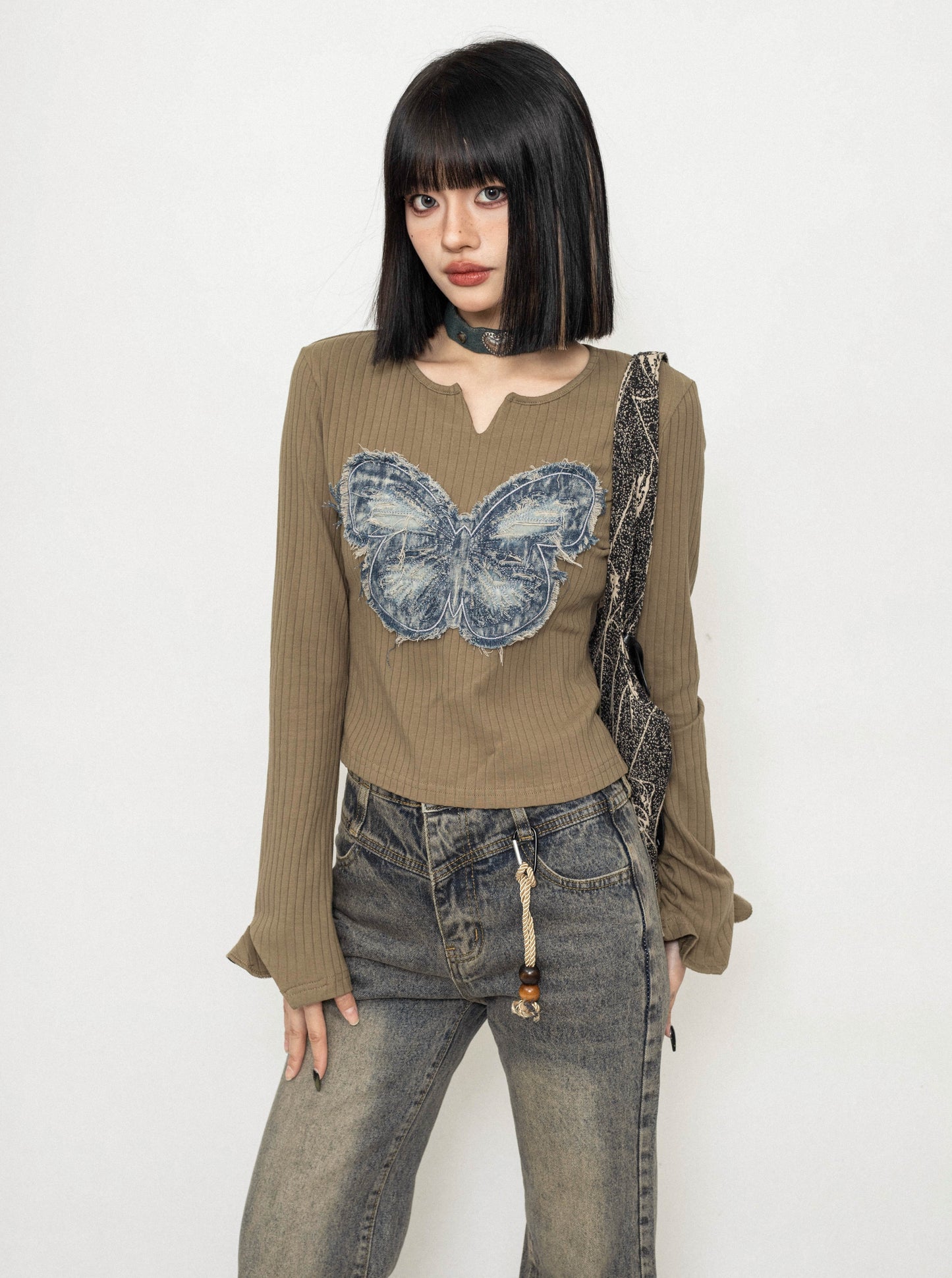 Butterfly Long Sleeves Sweet Short Top