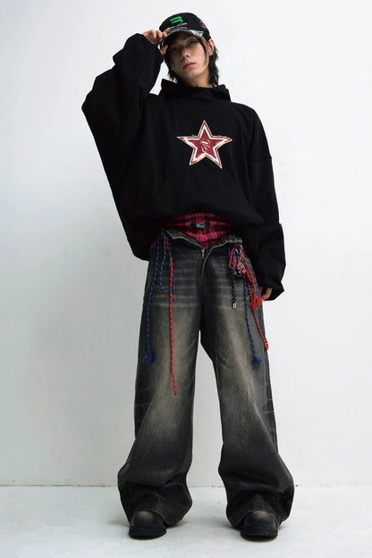 Loose Black Star Embroidered Hoodie Top