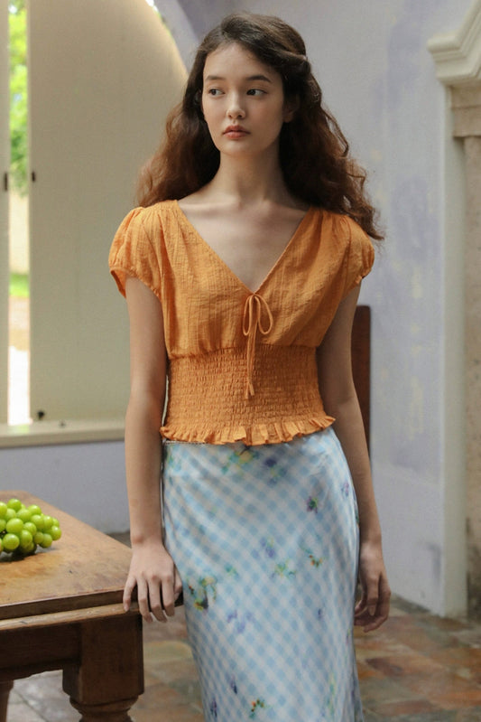 Retro V-Neck Balloon Sleeve Top