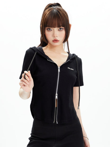 Hooded Zipper Short Sleeve T-shirt