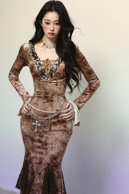 Deep V Mermaid Lace Dress