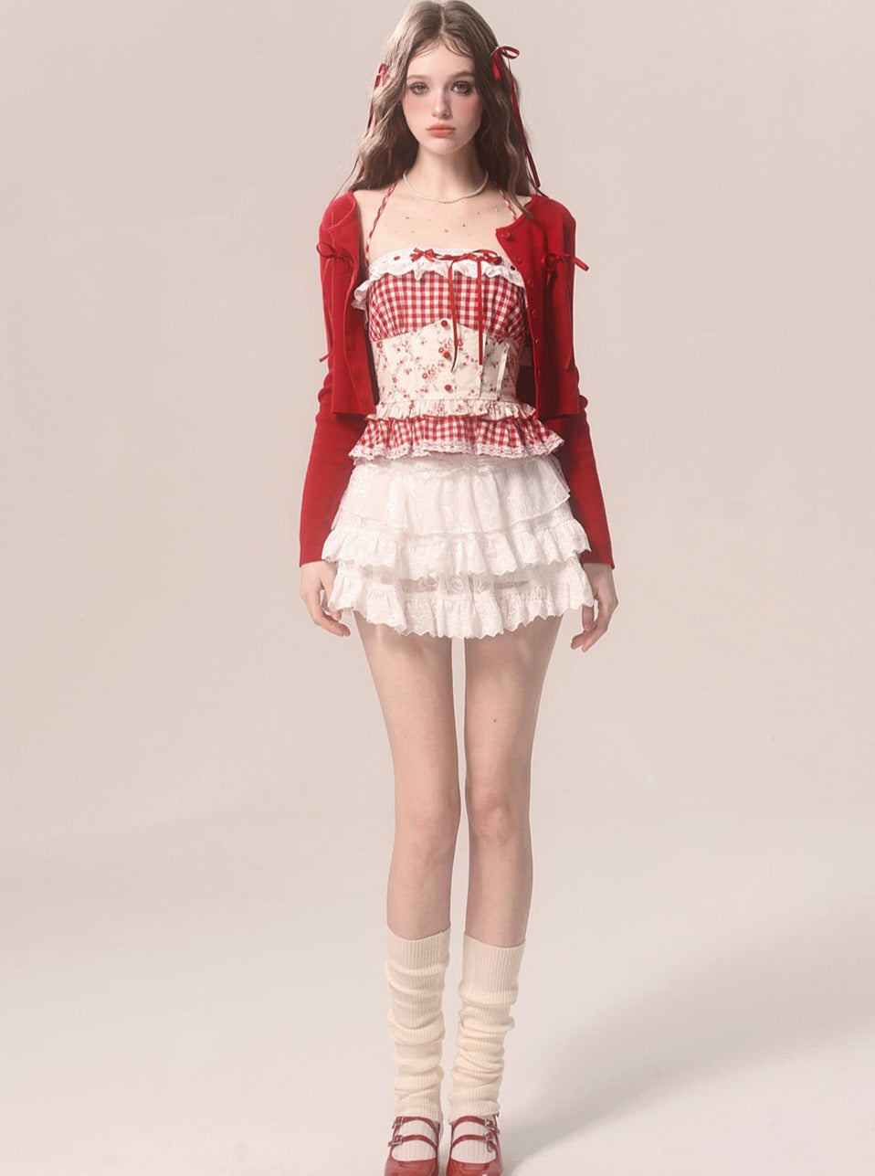 Red Cardigan With Red Checked Suspender Vest Set-Up