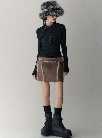 Retro panelled leather A-line skirt