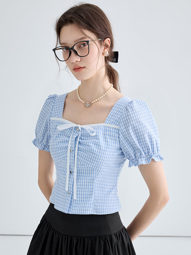 Blue And White Puff Sleeve Top