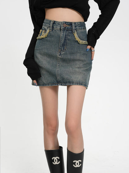 SRYS American Street Wash Distressed Raw Edges High Waist Denim Rock Rock Sommer Rock New Women's Skirt