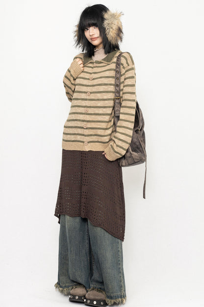 Vintage Striped Lapel Knit Sweater