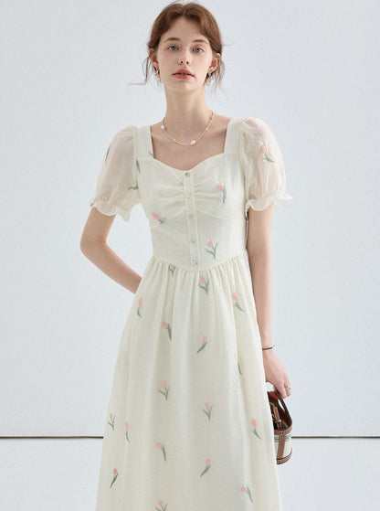 VEGA CHANG Kleid Women's Summer 2024 New Temperament Print French Vintage Puff Sleeve Tea Dress