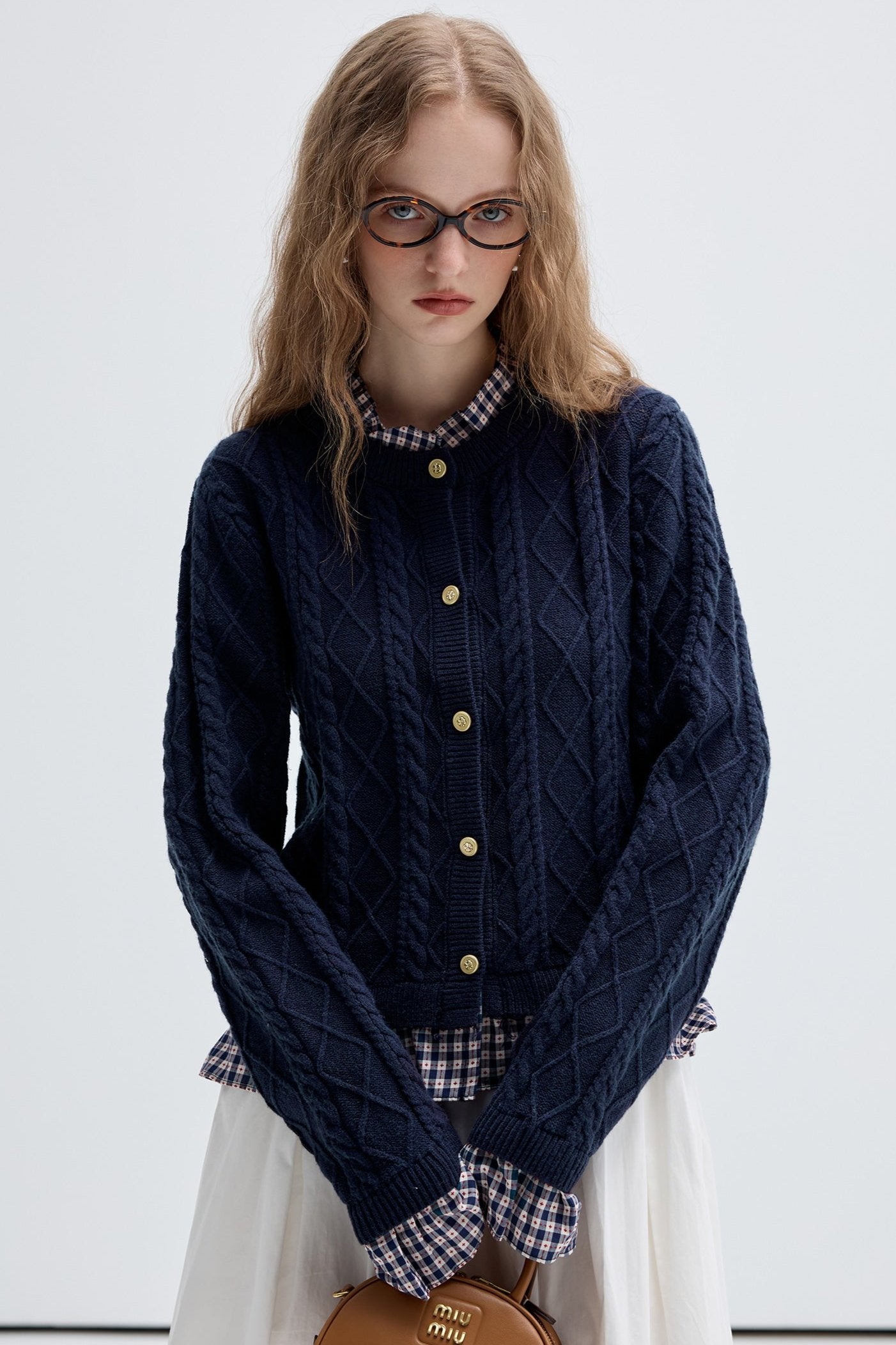 Check Stitching Knitwear College Top