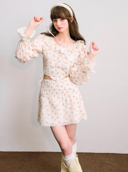 Floral long-sleeved shirt and skirt Set-up