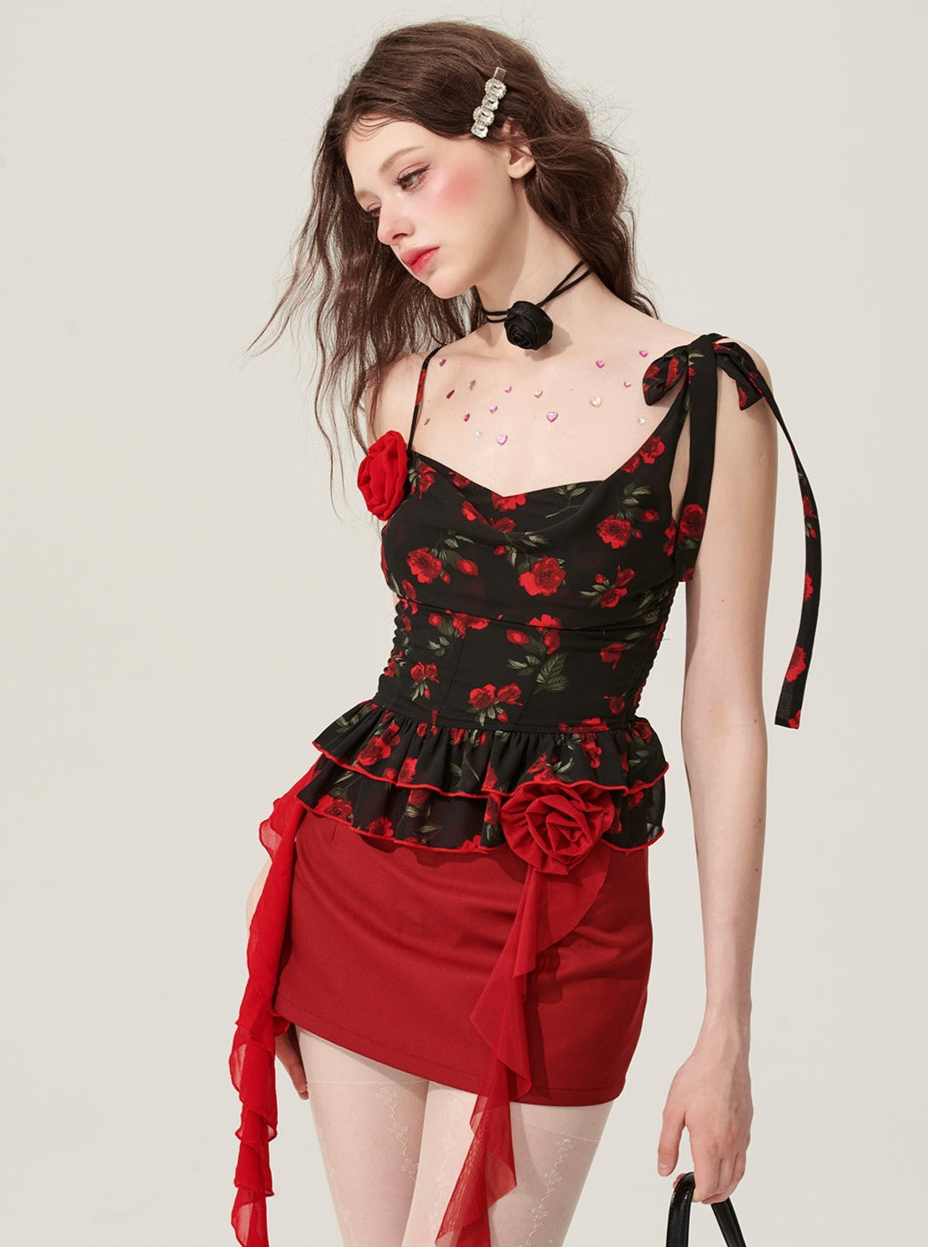 Black Floral Suspender Top