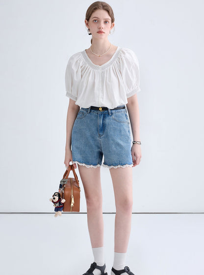 Spitze gewaschene Denim-Shorts