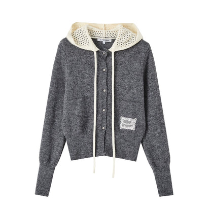 Cut-Out Hooded Knit Cardigan