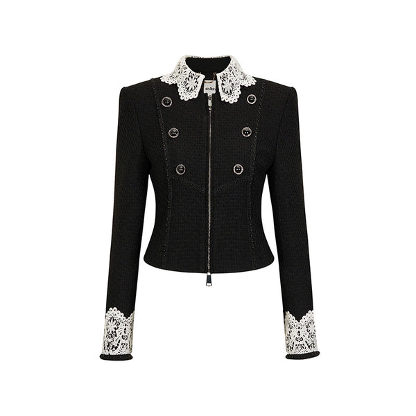 French black and white lace collar short coat set