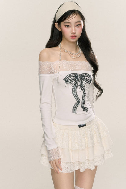 Paris Lace One-Shoulder Long-Sleeve T-Shirt