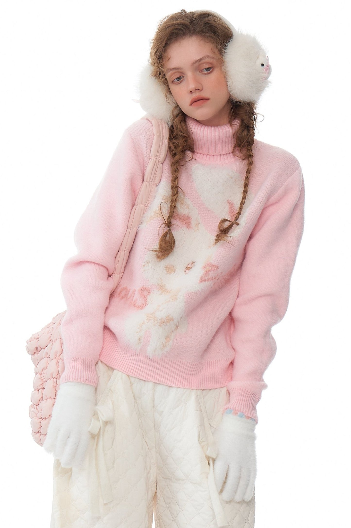 ziziFei autumn and winter American retro design high-quality plush rabbit soft and lazy pink turtleneck sweater woman