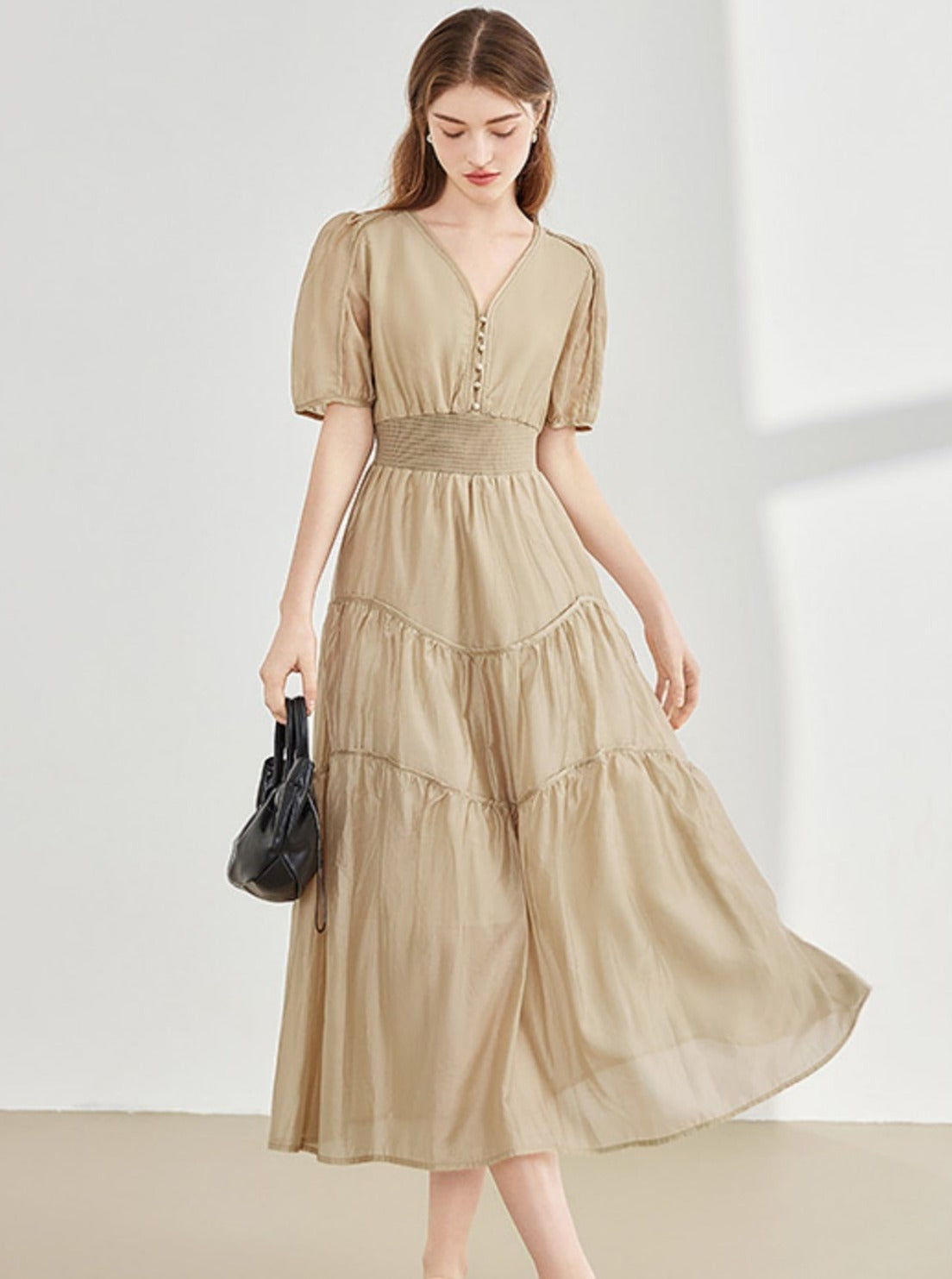 French Elegant V-Neck Puff Sleeve Dress