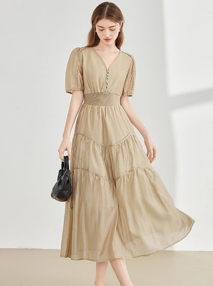 French Elegantes Kleid mit V-Ausschnitt und Puffärmel