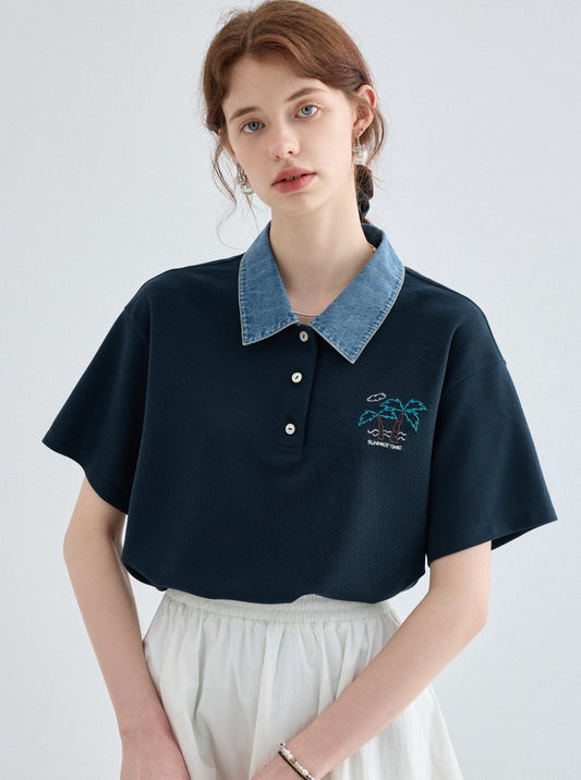 VEGA CHANG Kurzarm-T-Shirt Frauen Sommer 2024 neue lässige einfache Denim Patchwork Revers Polo-Shirt