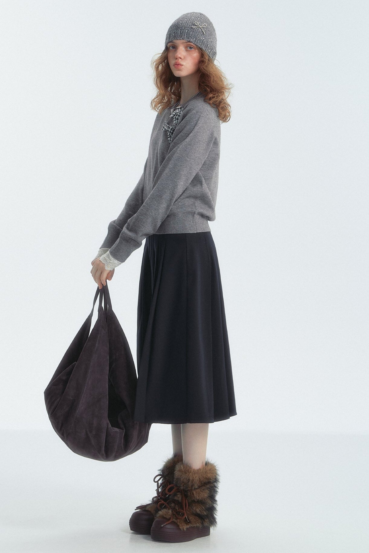 Bow Detail Checked V-Neck Jumper