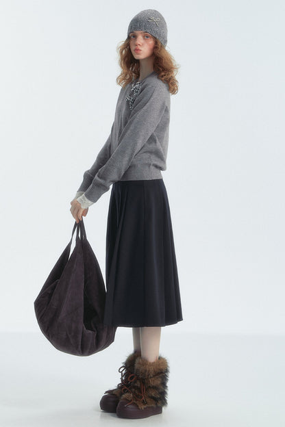 Bow Detail Checked V-Neck Jumper